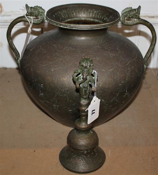 Indian engraved brass jar and similar bell